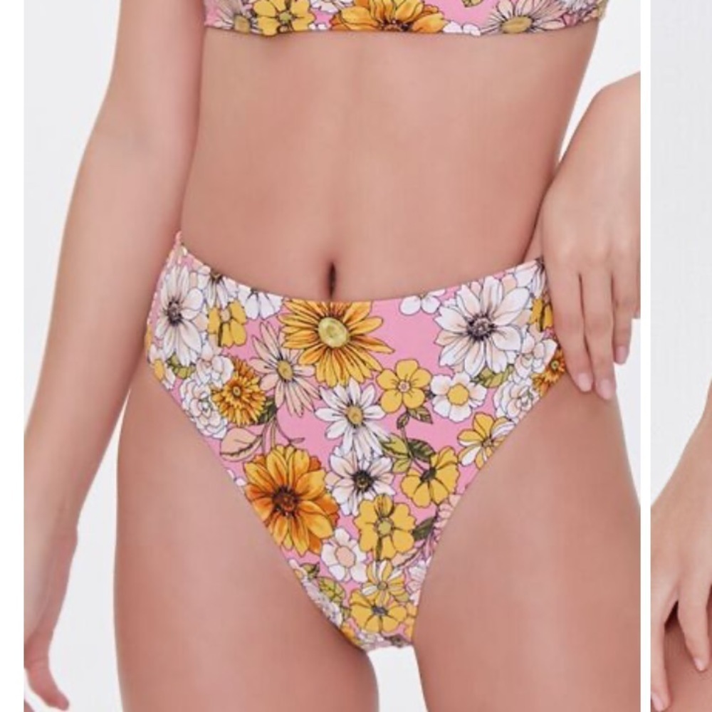 NWT Forever 21 pink floral print high leg cheeky bikini bottoms size medium - Picture 2 of 13